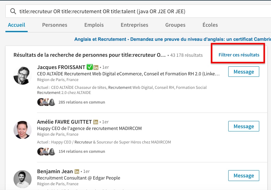 filtre recherche avancee linkedin